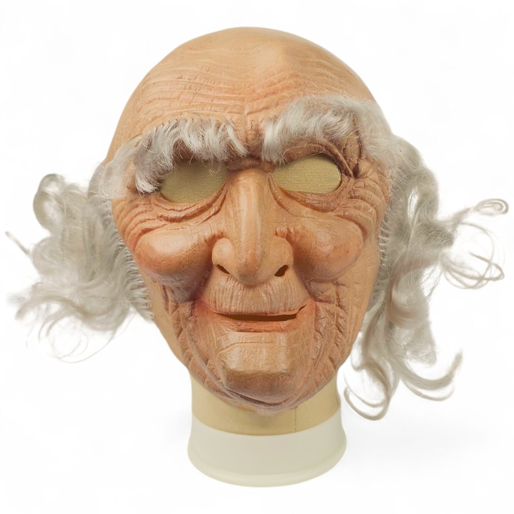 Vintage Old Man Latex Mask Grandfather Grey Hair Mesh Eyes Halloween Costume VTG